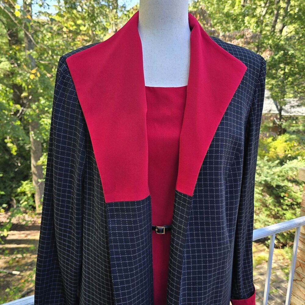 80s Wmns Perceptions Red Black Check Vtg Midi Dress Blazer Suit Set Outfit‎ 14W - Picture 2 of 10